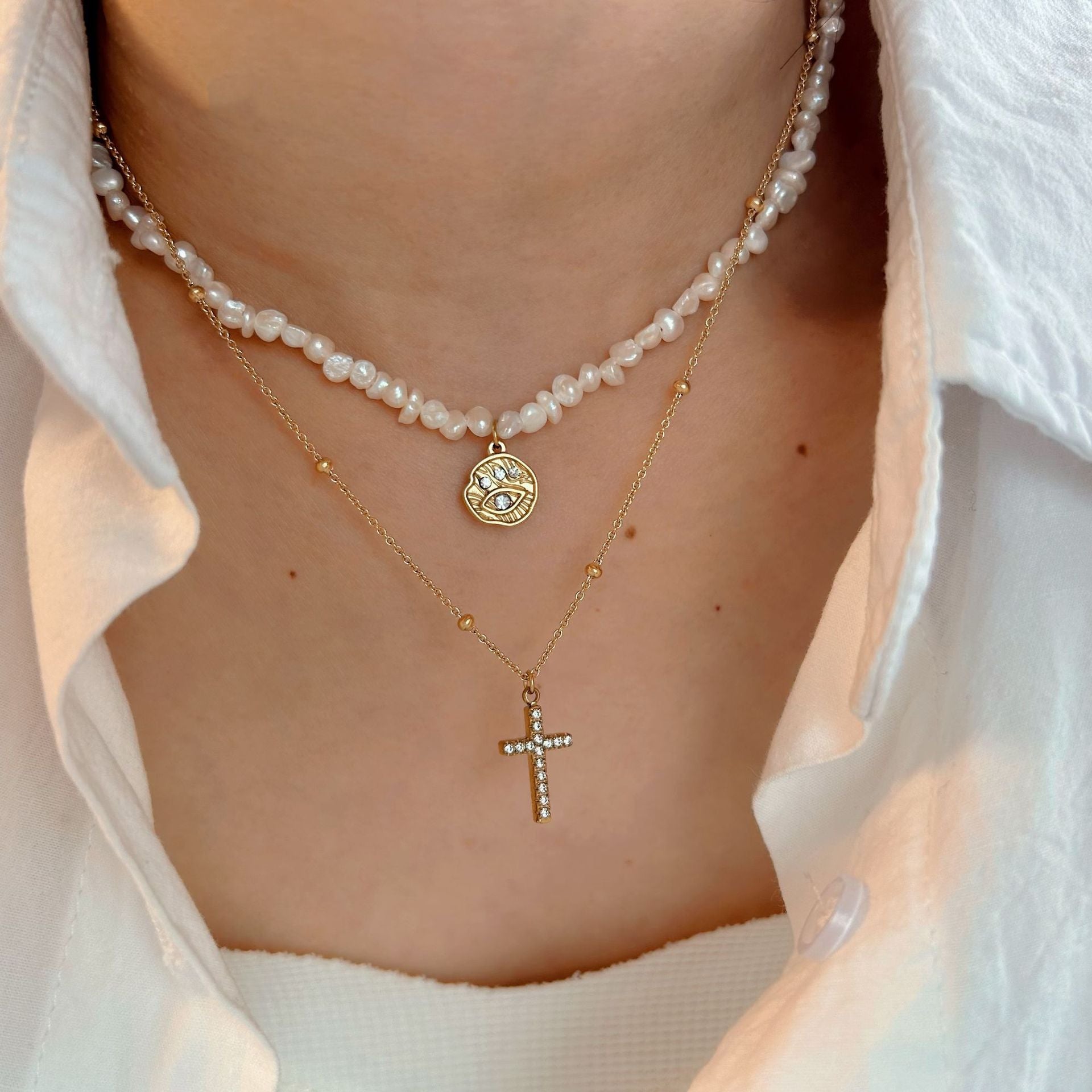 Wholesale Stainless Steel Natural Pearl Beads Beaded Diamond Cross Pendant Necklace