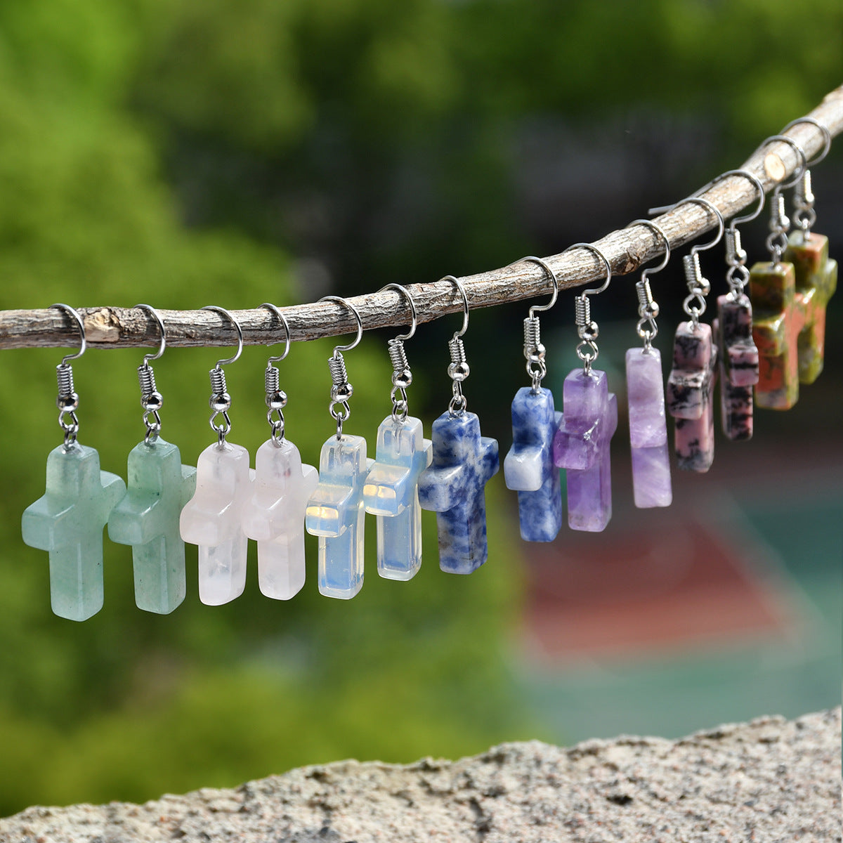 Wholesale Green Aventurine Cross Pendant Earrings Retro Style Handmade Fashion Accessory for Women Gift