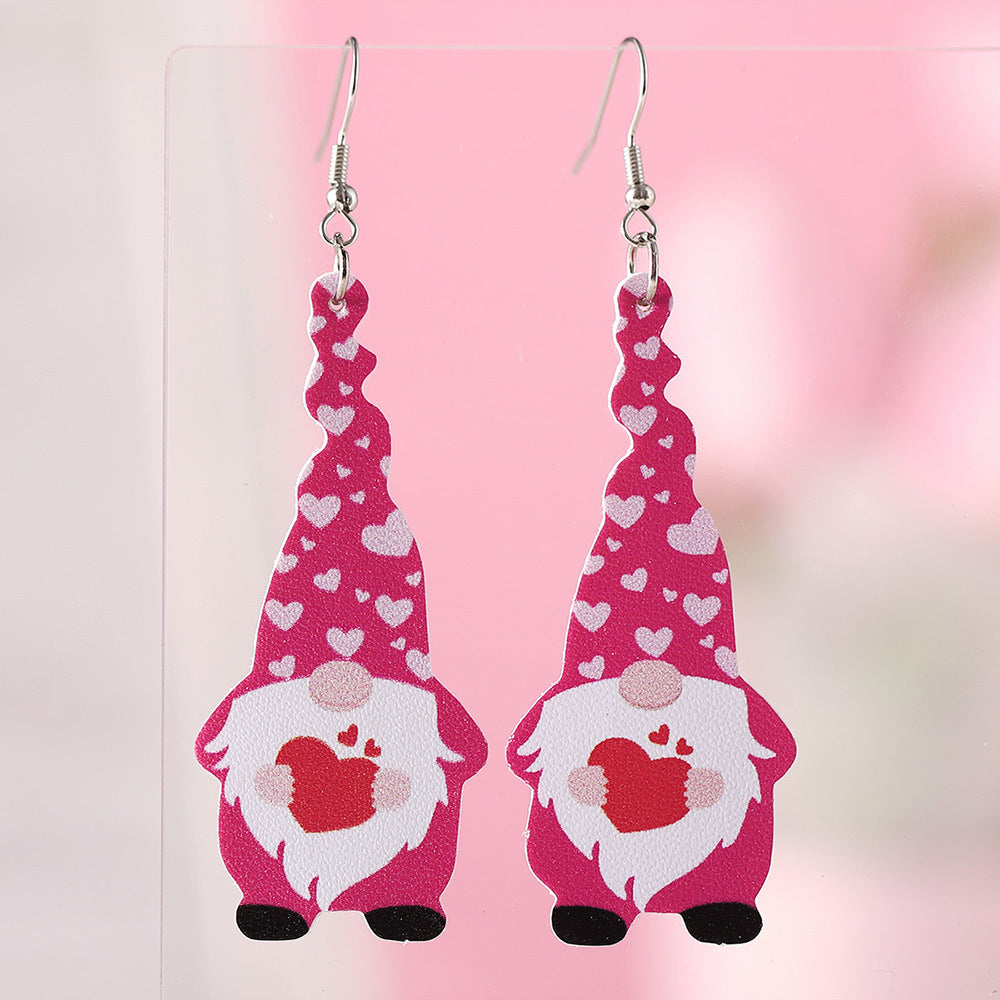 Wholesale Leather Valentine' s Day Heart-shaped Gnome Pendant Earrings