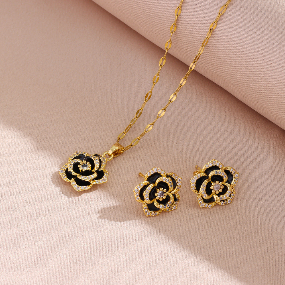 Wholesale  plating 18K gold micro inlay dark style black rose pendant titanium steel necklace earrings set jewelry