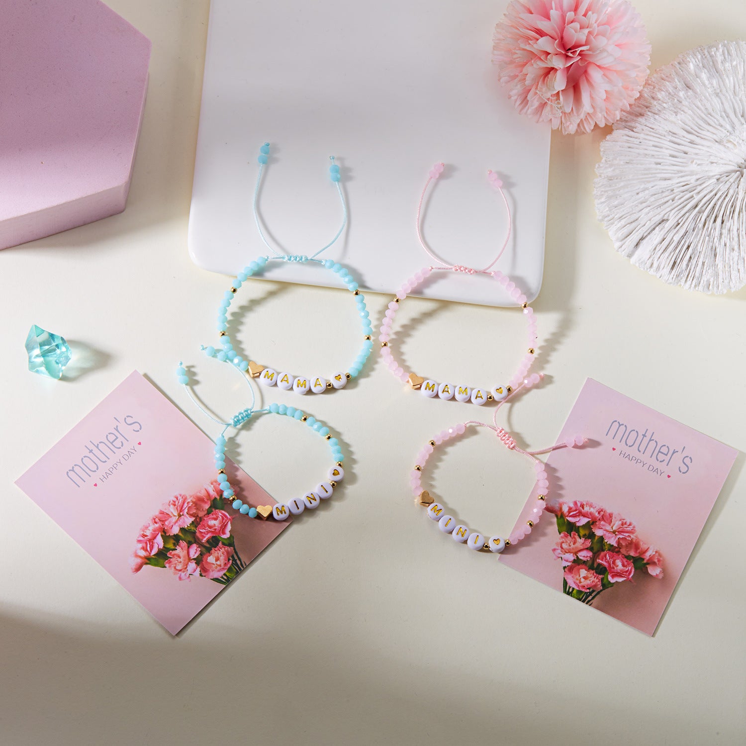 Wholesale  2pcs/set Mother's Day Mama Parent-child Rice Beads Flower Woven Bracelet