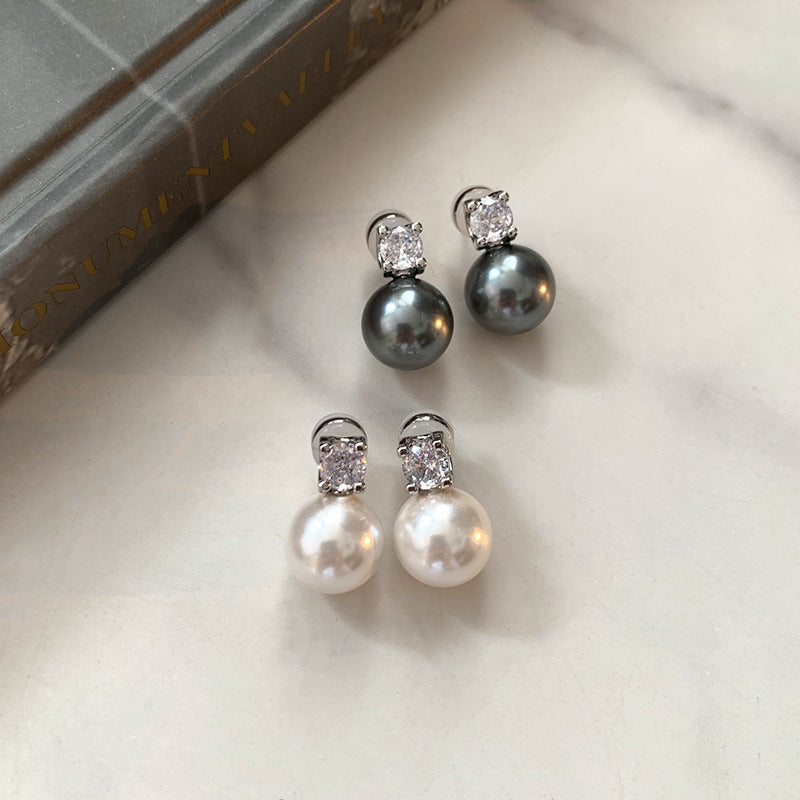 Wholesale Grey Classic Princess Diana Pearl Earrings Light Luxury Diamond-studded Sterling Silver Earrings