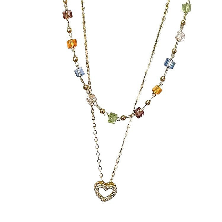 Wholesale Copper Zircon Heart Layered Beaded Choker Necklace Fairy Style Jewelry Accessory for Women