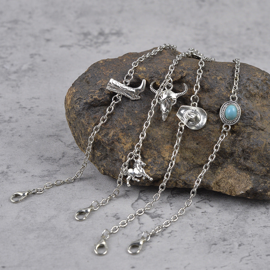 Wholesale Zinc Alloy Antique Silver Cowboy Bracelet Set With Hat Bull Head Boots Charms Vintage Fashion Jewelry Accessory Gift