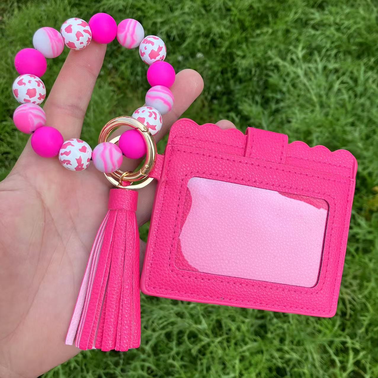Wholesale Colorful Cow Print Leopard Print Silicone Beaded Card Holder Wristlet Keychain ACC-KC-QiuXue017