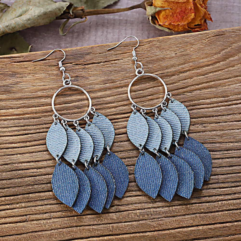 Wholesale Bohemian gradient blue denim feather leaf denim leather earrings