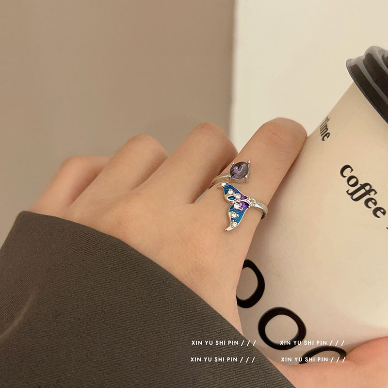 Wholesale  Blue and Purple Stitching Zircon Light Luxury Opening Adjustable Ring