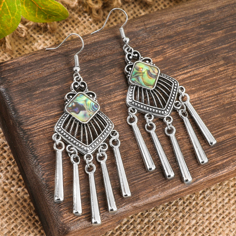 Wholesale Ethnic Style Zinc Alloy Abalone Shell Tassel Earrings for Women Long Exotic Fashion Accessory Boutique Resale