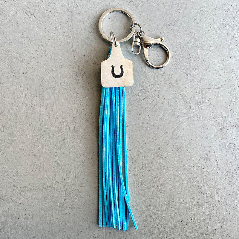 Wholesale 2PCS Cross-border western metal Cow brand leather tassel key ring cow head horseshoe cactus marking key chain pendant