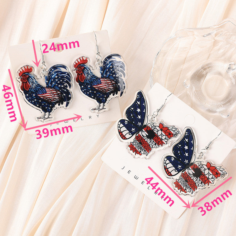 Wholesale double-sided acrylic American Independence Day butterfly chicken earrings