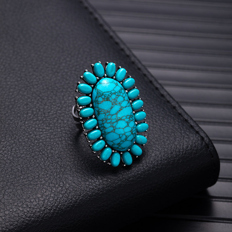 Wholesale Retro Bohemian Silver Flower Imitation Turquoise Ring - Fashion Accessory for Boutique Resale