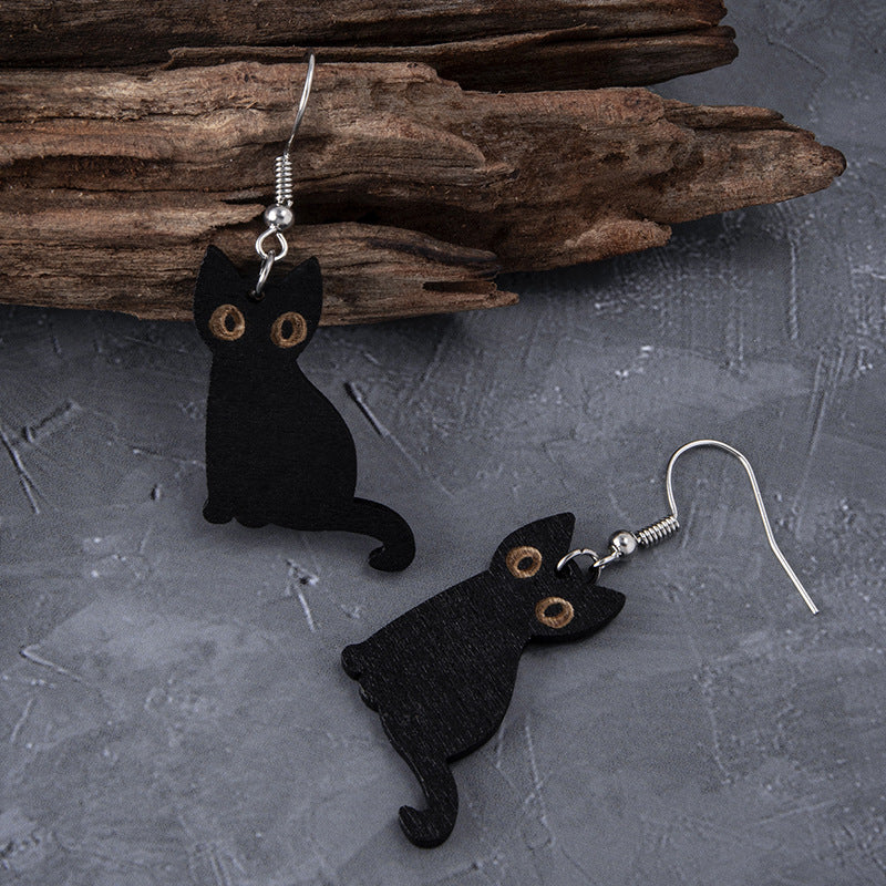 Wholesale Halloween Black Cat Skull Cat Wood Earrings ACC-ES-FuSu012