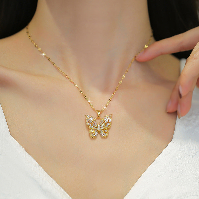 Wholesale Stainless Steel Rhinestone Butterfly Clavicle Chain Necklace for Women Trendy Layering Jewelry Gift