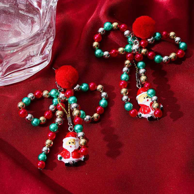 Wholesale Christmas Colorful Beaded Bow  Pom-Pom Earrings