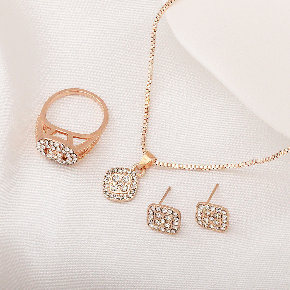 Wholesale  square zircon necklace ring  earrings  three-piece set  jewelry set