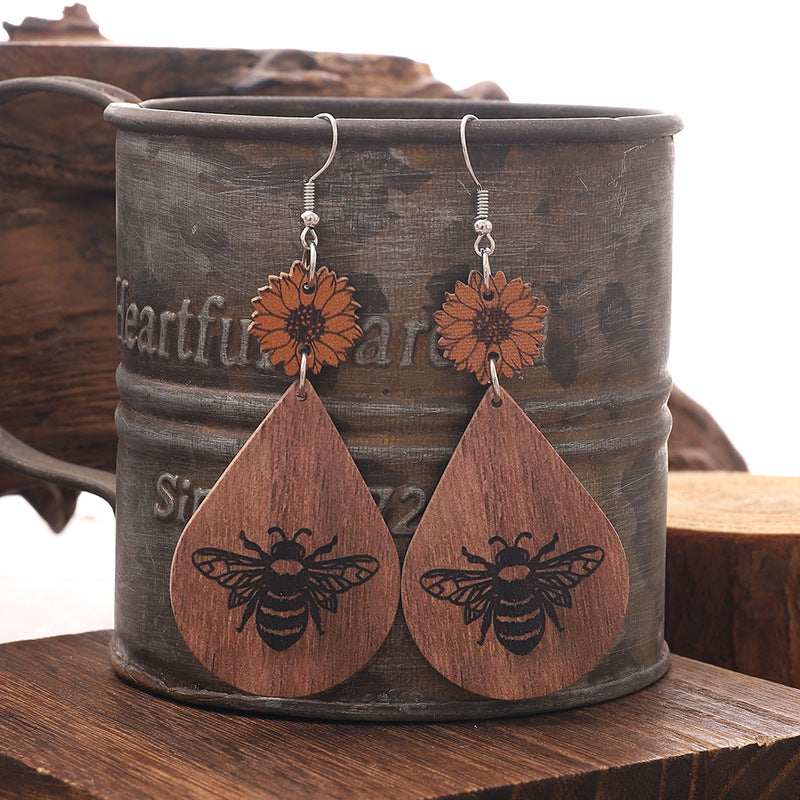 Wholesale Sunflower Bee Pattern Wood Drop Earrings