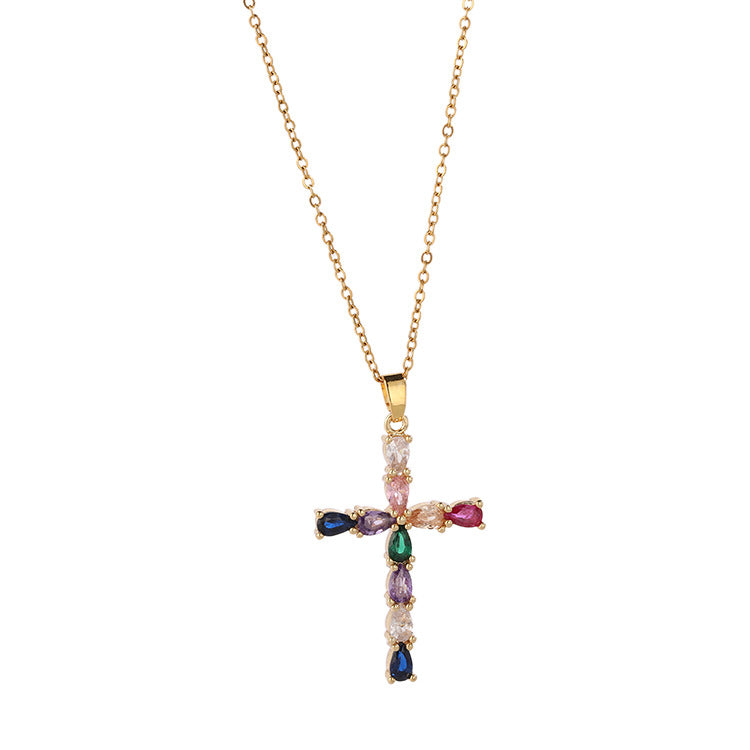 Wholesale Gold Plated Copper Cross Drop Pendant Necklace With Colorful Zircon Stones For Women Everyday Fashion Jewelry