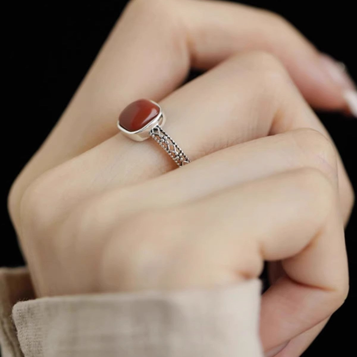 Wholesale 925 Sterling Silver Southern Red Agate Small Square Sugar Ring