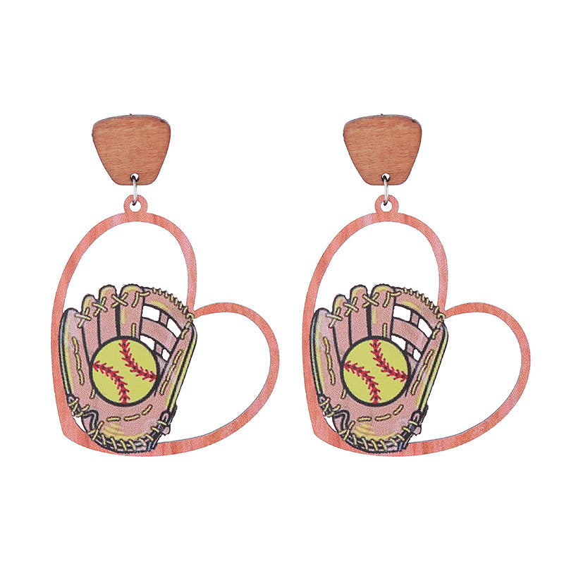 Wholesale Sports Style Baseball Heart Wooden Earrings