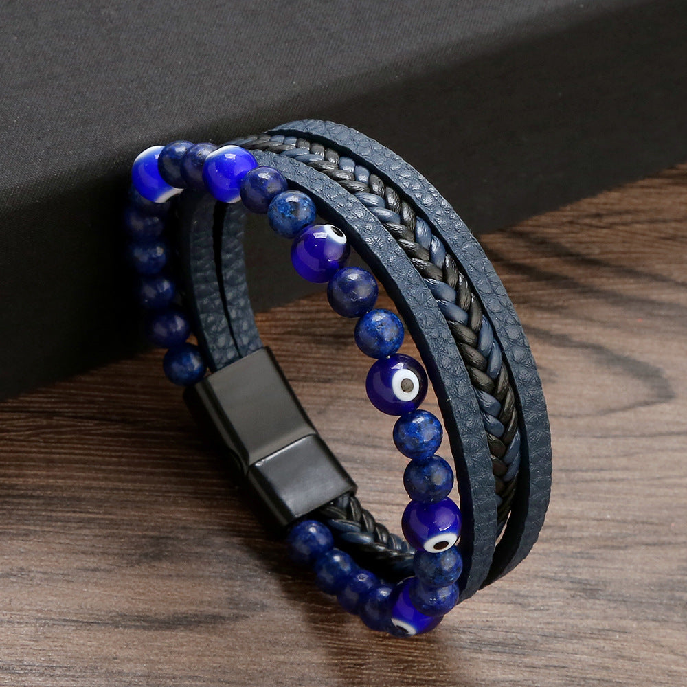 Wholesale glass bracelet for men vintage beaded leather multi-layer alloy buckle bracelet ACC-BT-Hongx003