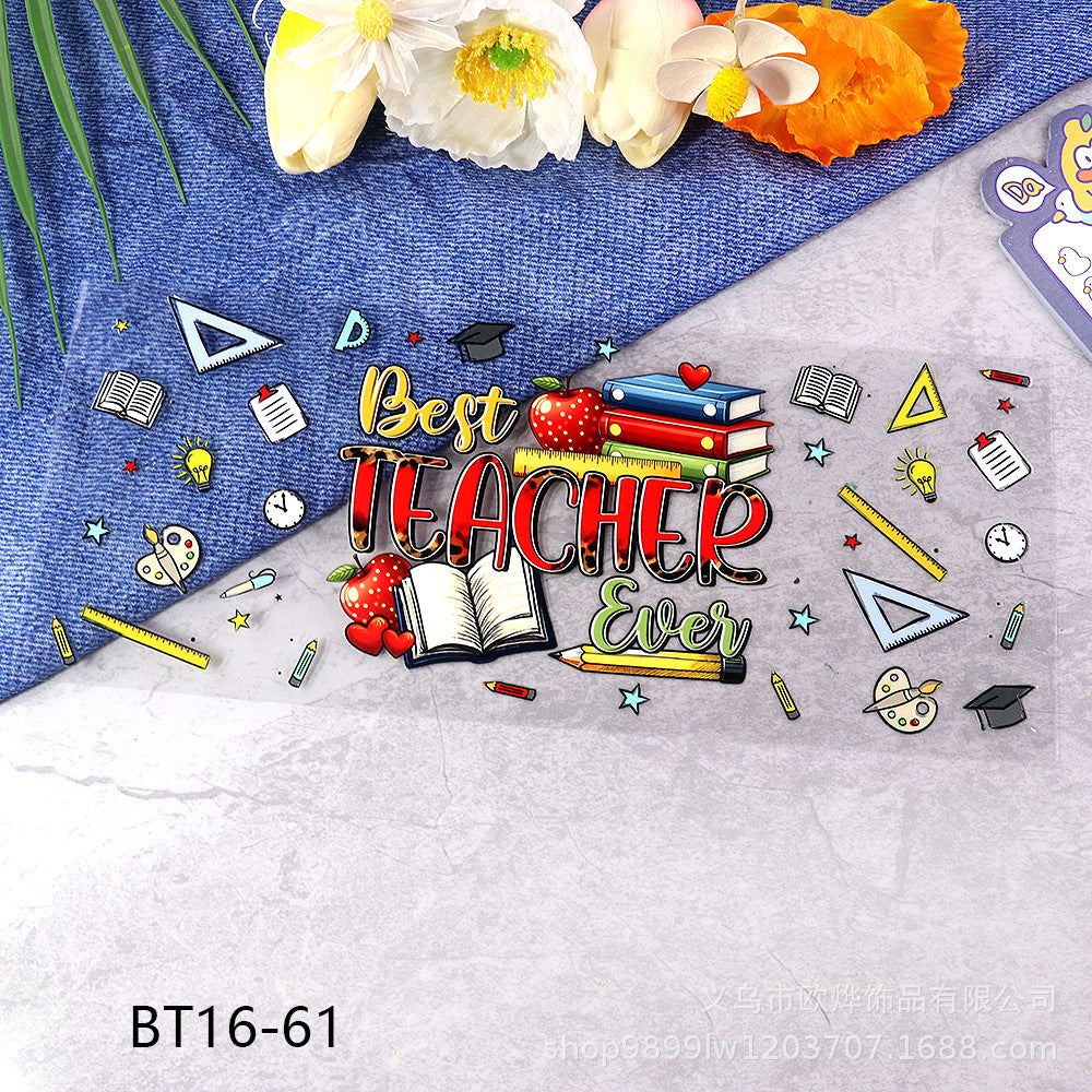 Wholesale Cartoon pencil medical UV transfer stickers crystal stickers tear film leave word crystal stickers 16oz glass stickers