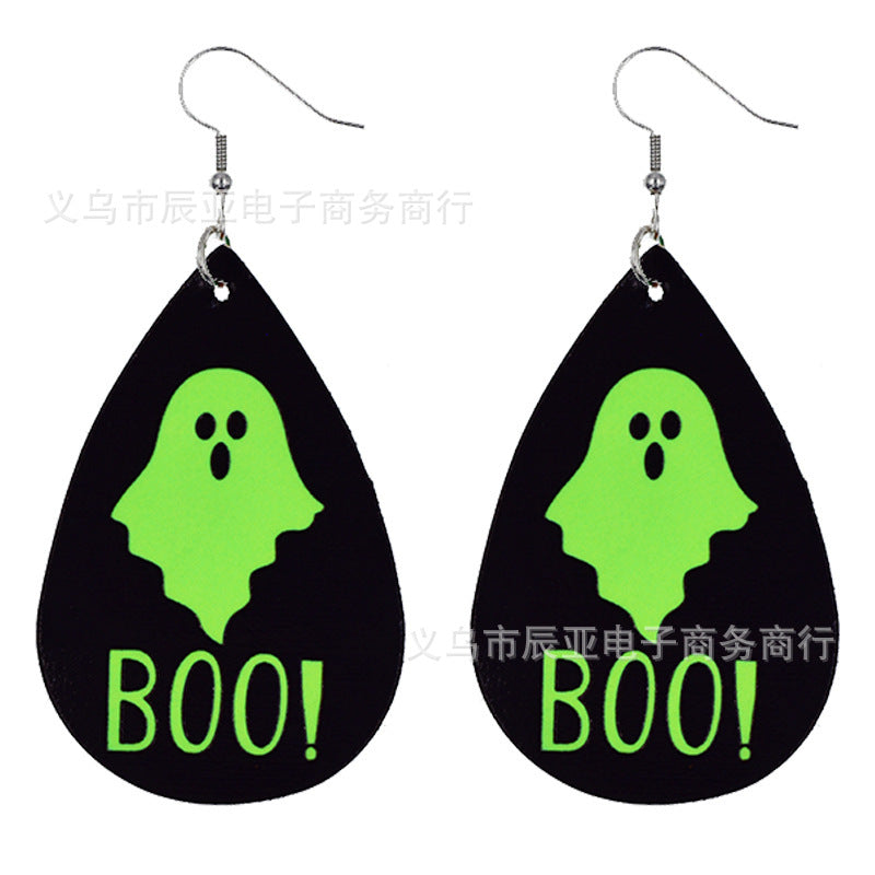 Wholesale Halloween Pumpkin Skull Fluorescent Green Luminous Leather Earrings ACC-ES-ChenY039