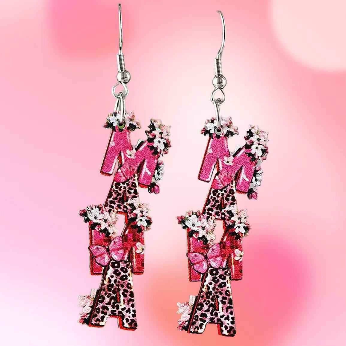 Wholesale Mother's Day MAMA leopard print wooden earrings ACC-ES-AnDao004