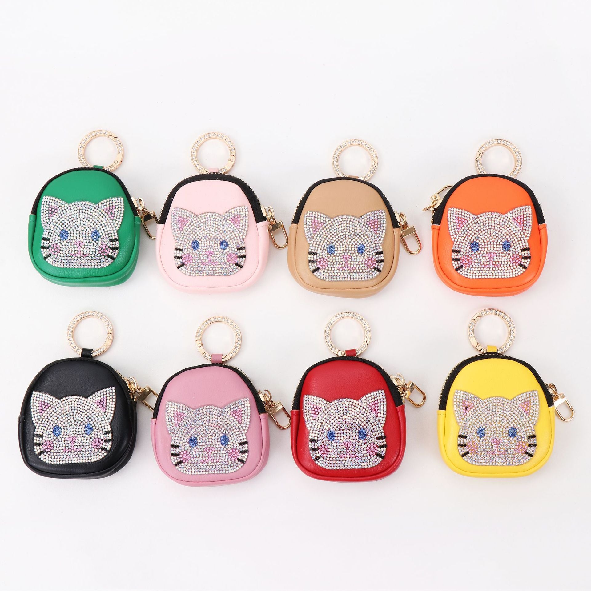 Wholesale Cute Cat Faux Leather Keychain Zipper Pouch Rhinestone Embellished Pink Trendy Wedding Gift Boutique Resale Accessory