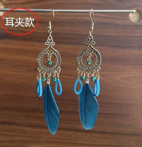 Wholesale Alloy Blue Feather Earrings,  Bohemian Tassel Jewelry Accessory for Beach Vacation