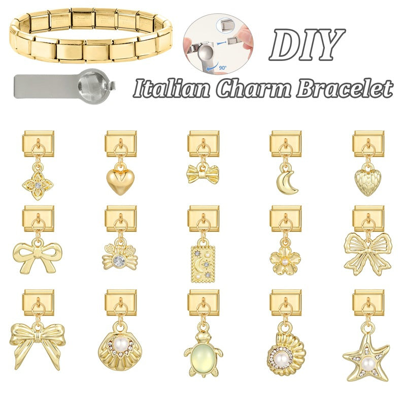 Wholesale Gold Electroplated Stainless Steel DIY Bracelet Pendant Set with Bowknot Heart Starfish Pearl Jewelry Accessory