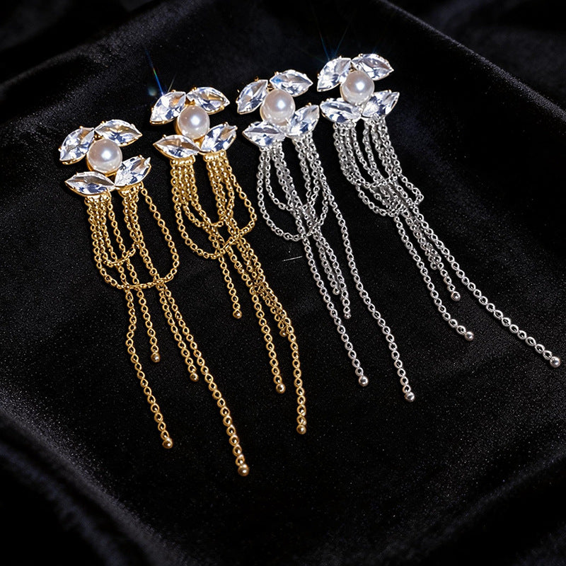 Wholesale Silver Needle Zircon Pearl Leaf Tassel Earrings for Party Wear Jewelry Accessory