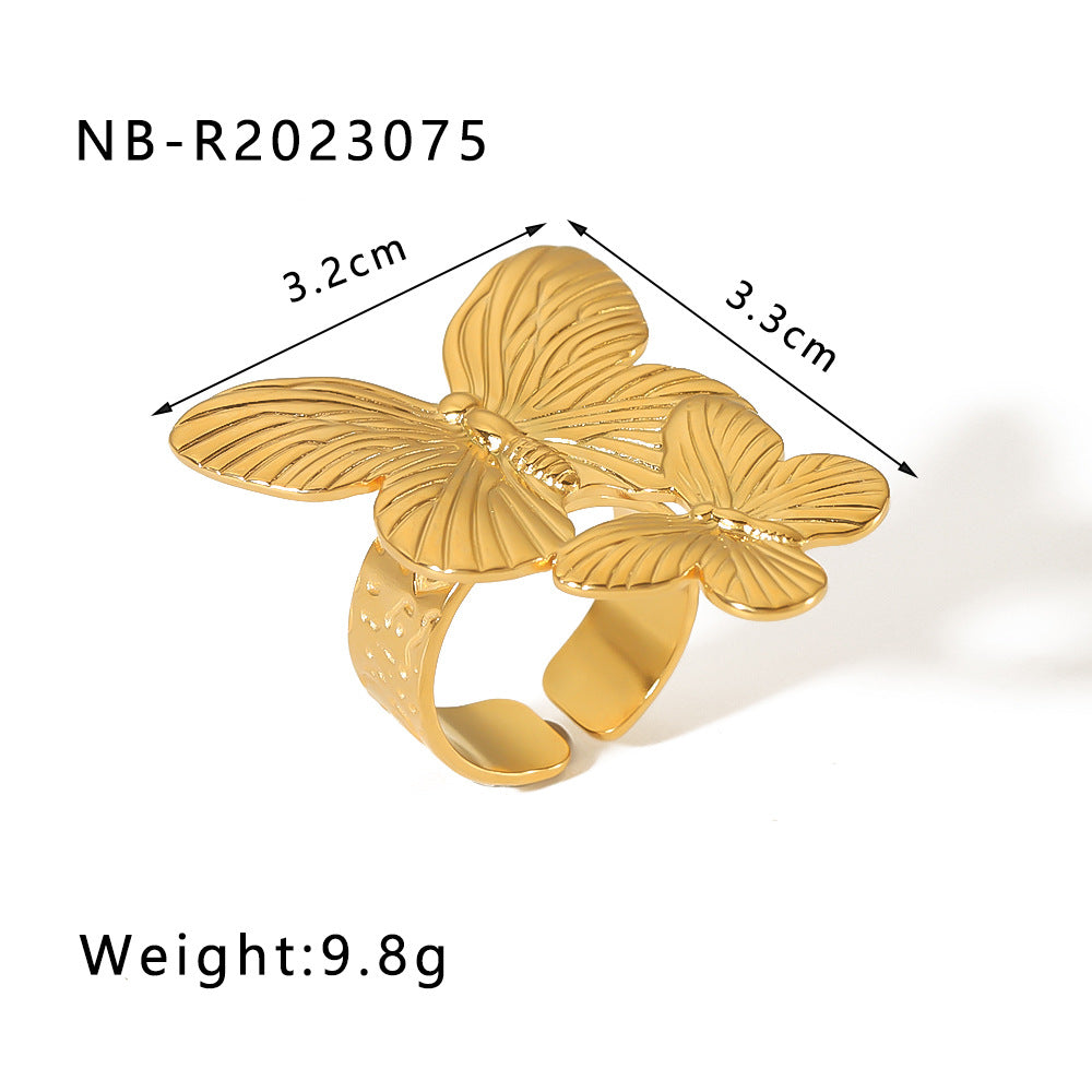 Wholesale Golden Flower Butterfly Stainless Steel 18k Gold Plated Turquoise Open Ring ACC-RS-Xiny003