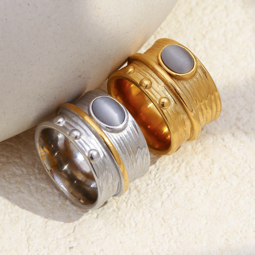 Wholesale Old Money Style Cat' s Eye Ring Stainless Steel 18K Gold Plated Fashion Accessory
