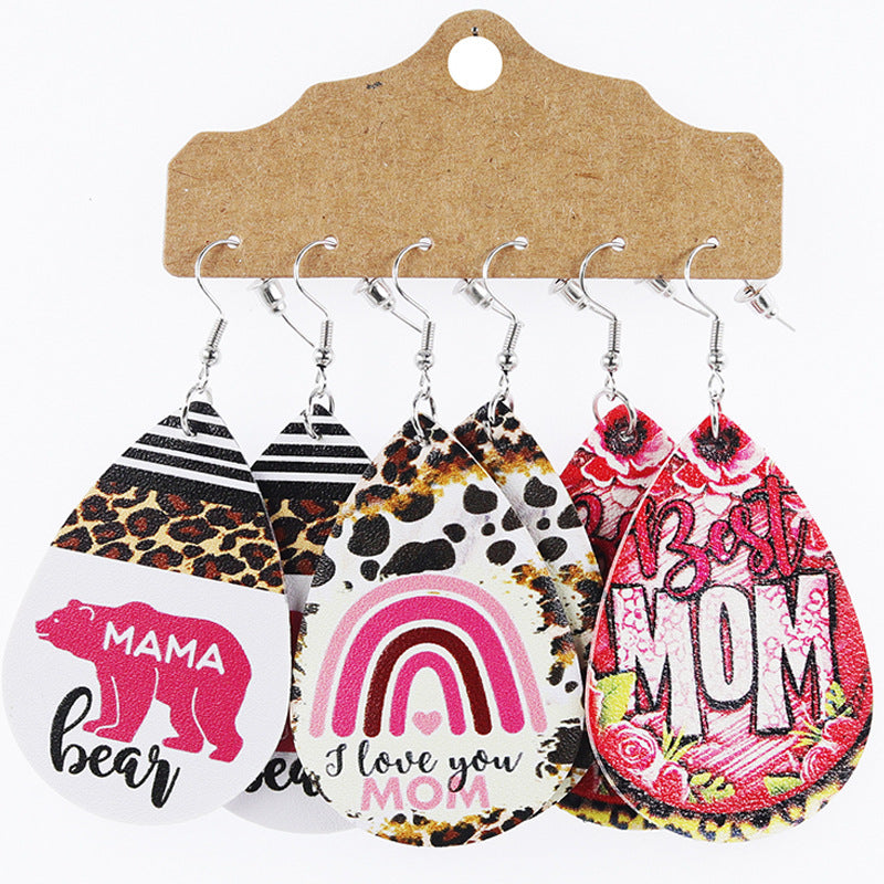 Wholesale Mother's Day Teardrop Shape Leather Floral Earrings Cow Pattern Set ACC-ES-Mijun004