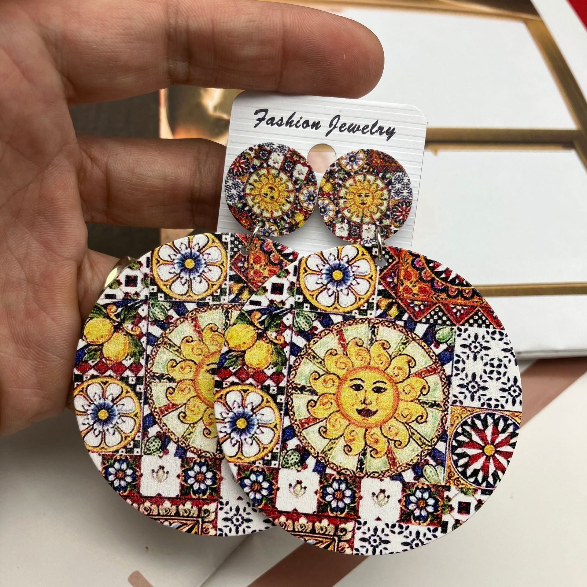 Wholesale Ceramic Pattern Bohemian Wood Cotton and Linen Earrings ACC-ES-FX009