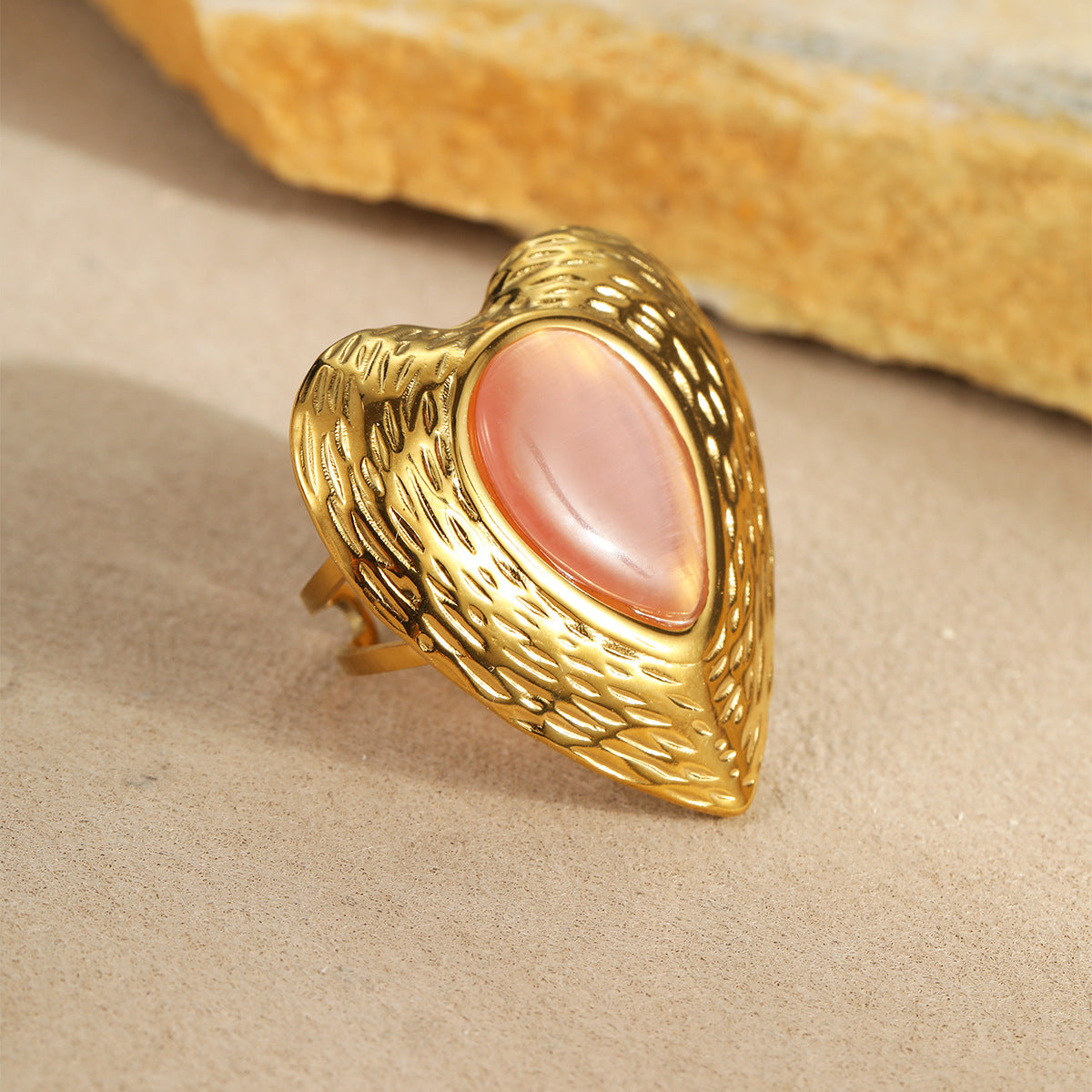 Wholesale exaggerated retro love stainless steel  ring cat's eye stone open ring