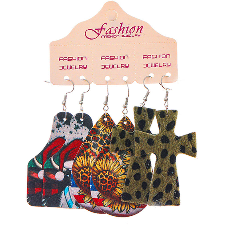 Wholesale 2 Sets Christmas Earrings Set Western Style PU Leather Earrings Snowflake Sunflower ACC-ES-HY132