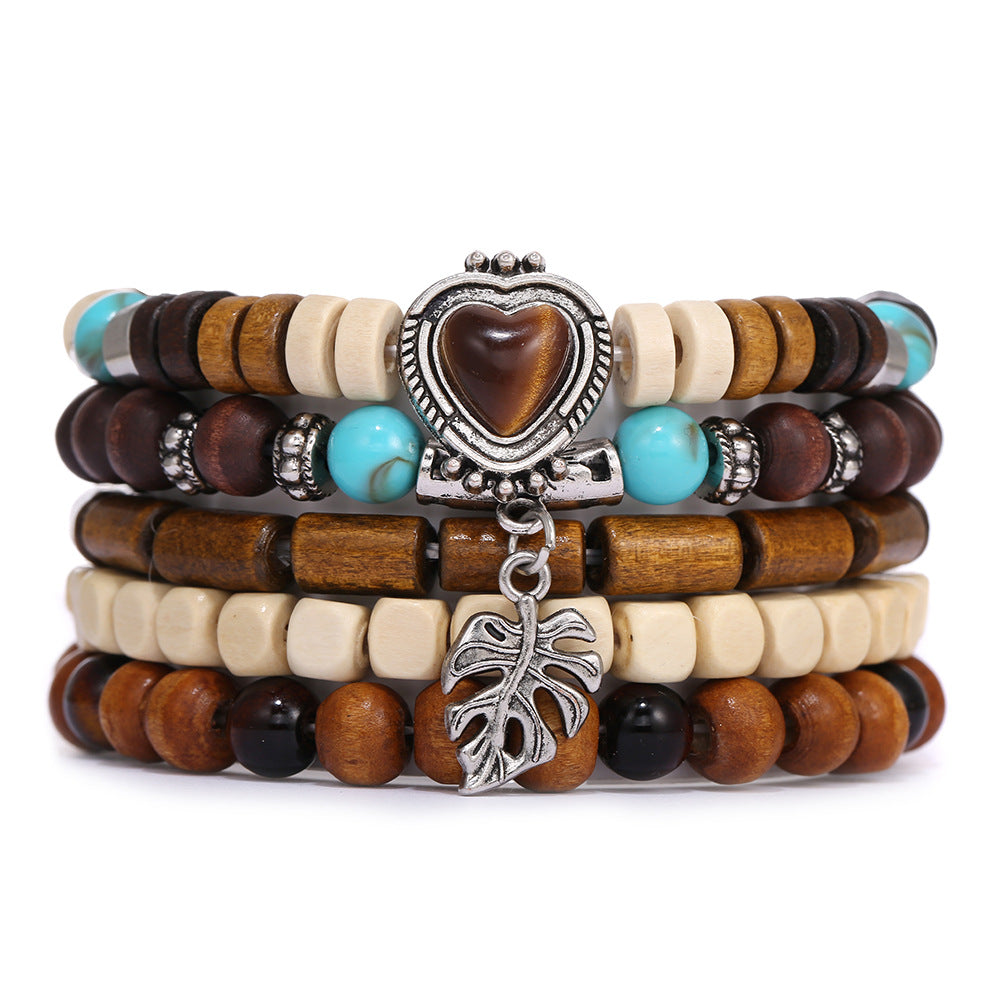 Wholesale Wooden turquoise evil eye heart and bull head beaded bracelet