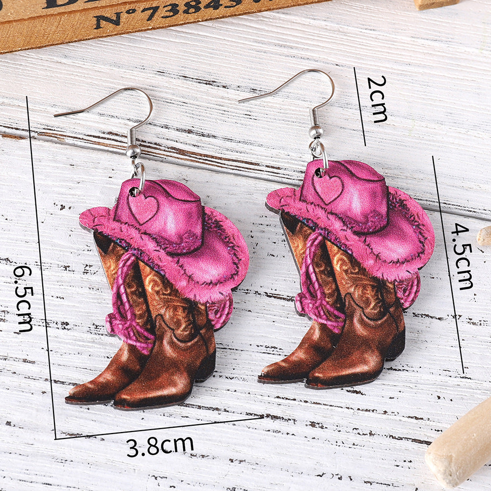 Wholesale Western Style Pink Denim Hat Cowboy Boots Pendant Earrings