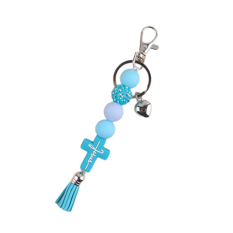 Wholesale Creative Cross Tassel Keychain Charm Silicone Beaded Bag Accessory