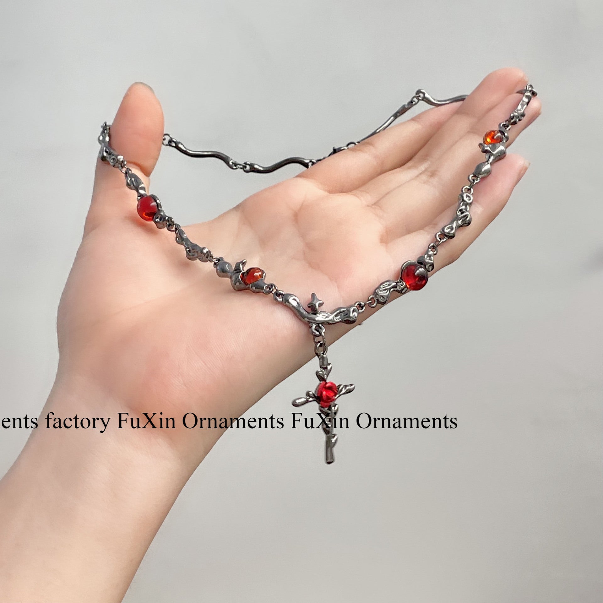 Wholesale  Chain Cross Red Flower Necklace