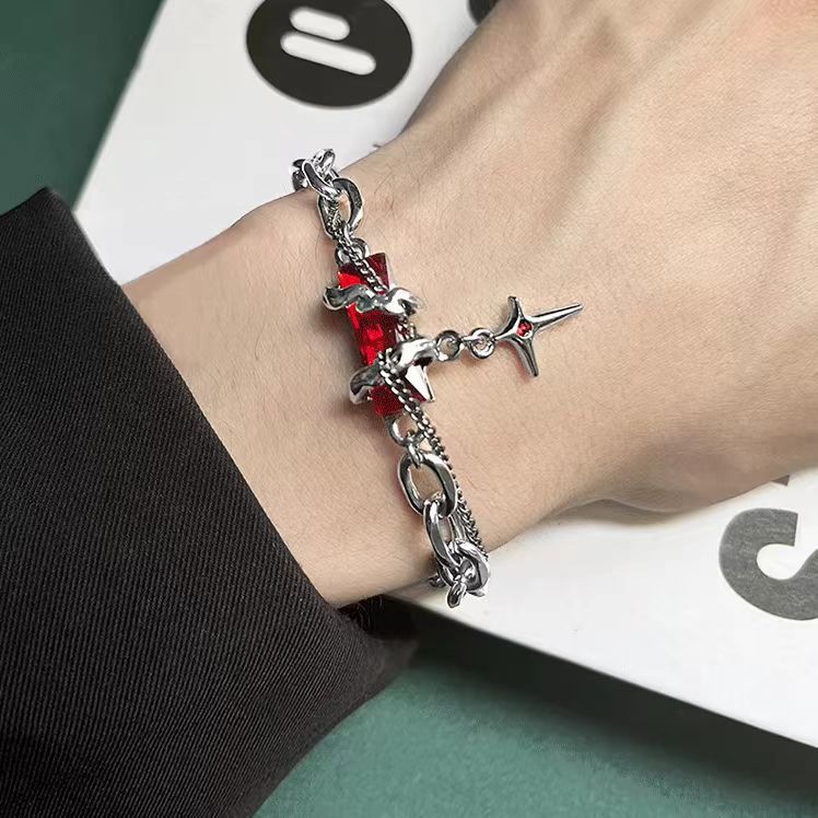 Wholesale Star Pattern Black Obsidian Cross Bracelet for Men,  Punk Hip Hop Style Couple Jewelry