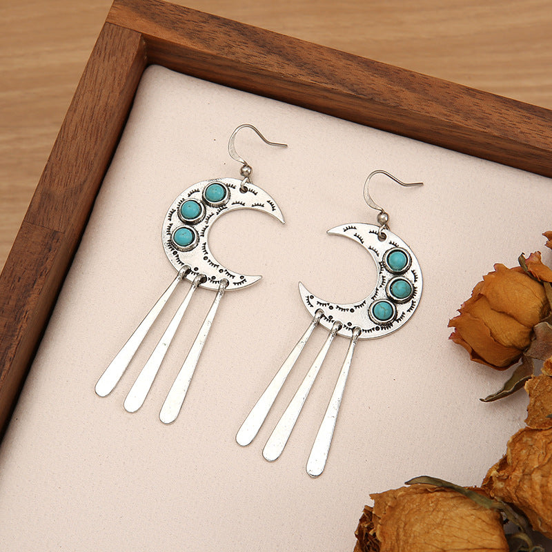 Wholesale Retro Crescent Eyelash Lace Earrings,  Alloy Turquoise Tassel Jewelry Accessory