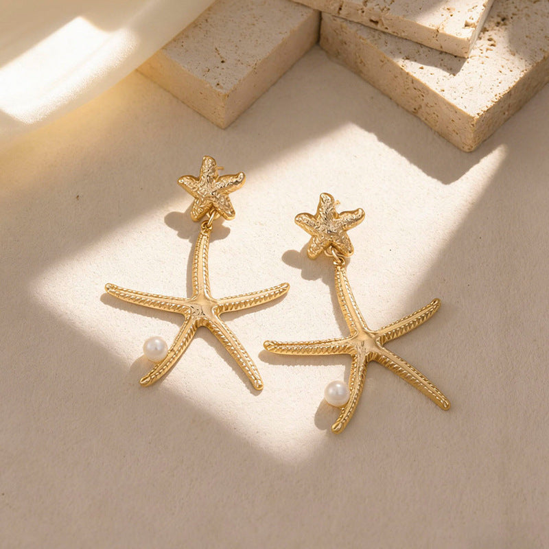 Wholesale Ocean-Inspired Textured Gold Conch and Starfish Stud Earrings