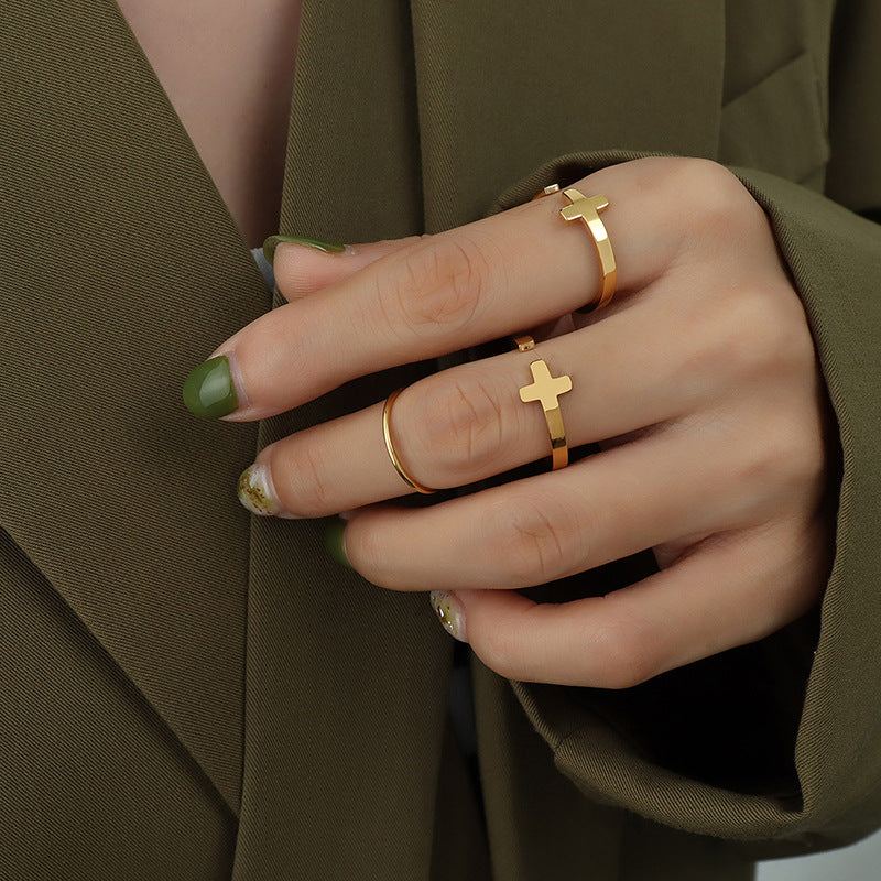 Wholesale Cross Open Ring Titanium Steel Plated 18K Gold ACC-RS-MiLi003