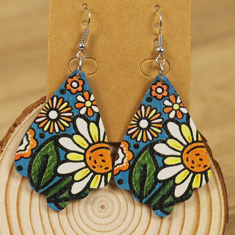 Wholesale Western Distressed Style Sunflower Daisy Print Water Drop Rhombus Geometric Wooden Earrings