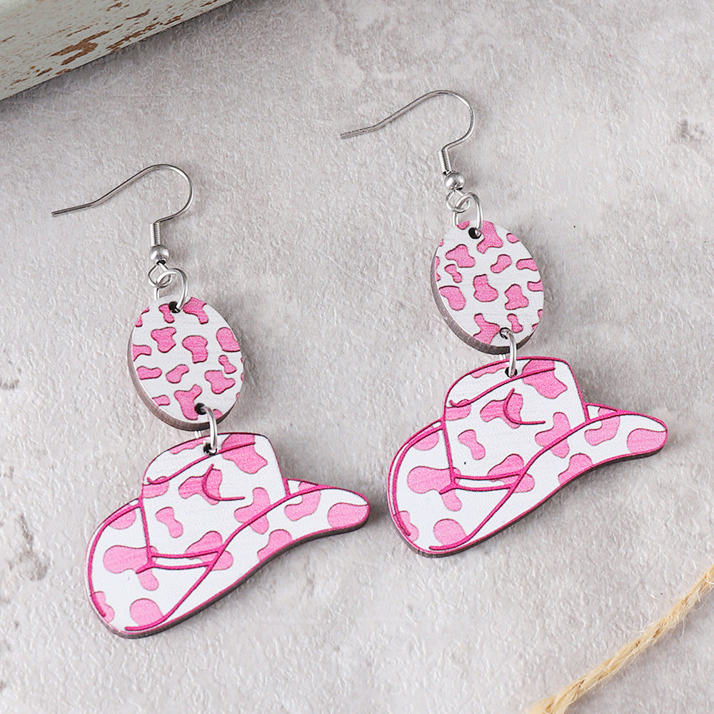 Western style pink leopard print zebra wooden double-sided earrings