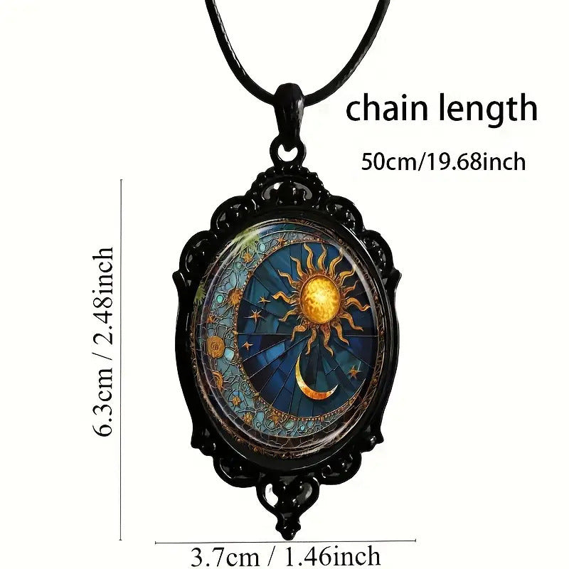 Wholesale Oval Glass Pendant Necklace Sun Moon Black Frame Jewelry Accessory