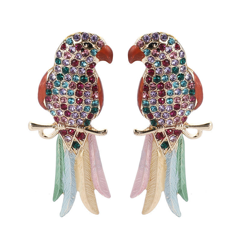 Wholesale Full Diamond Parrot Stud Earrings for Women Trendy Bird Jewelry Gift