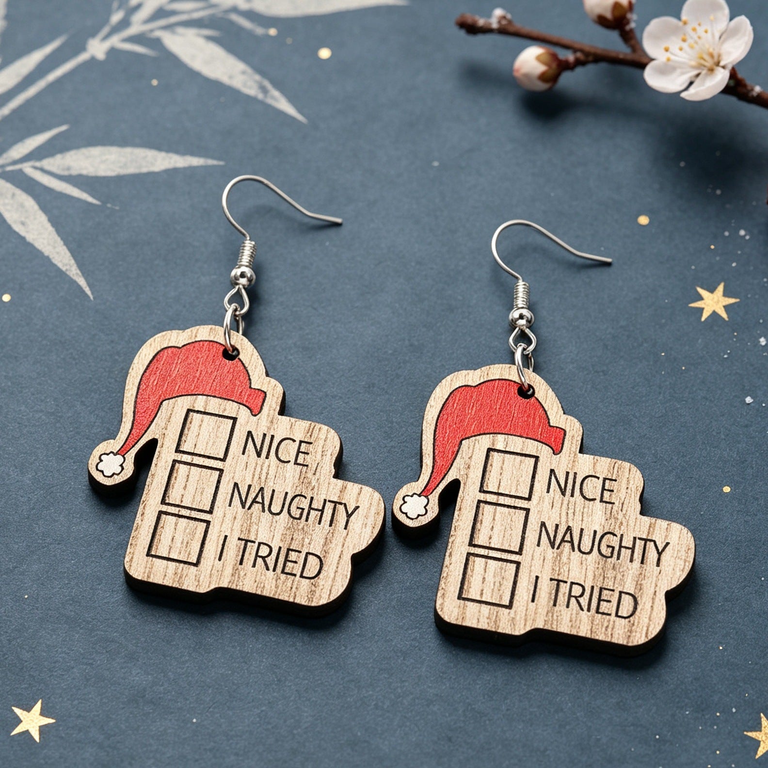 Wholesale Wooden Christmas Earrings With Santa Hat Print Letter Design Stylish Jewelry Accessory For Party And Gift